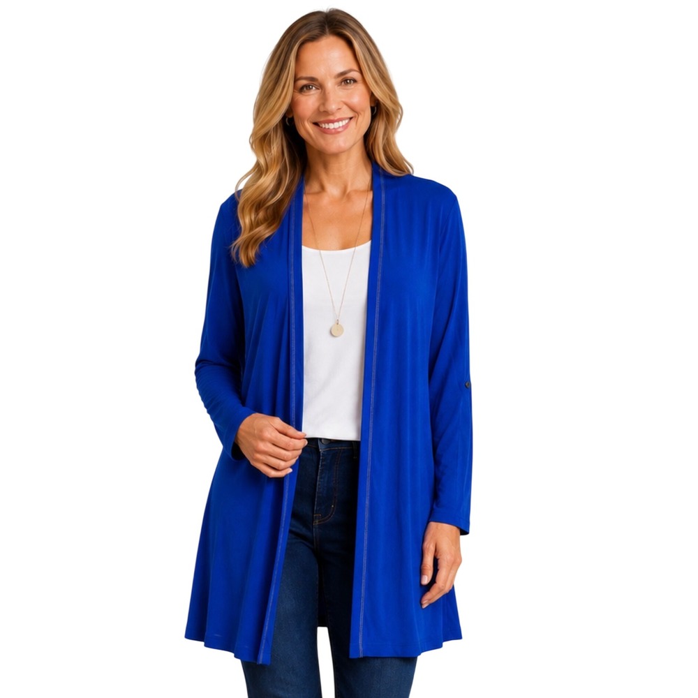 Soft Surroundings Royal Blue Longline Open Front Cardigan Roll Tab Sleeve Med